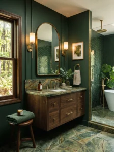 Forest green bathroom with brass accents and luxurious design details.