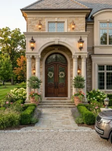 Elegant double front doors creating a grand and welcoming entrance.