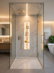 Modern shower with integrated LED lighting creating a warm spa-like atmosphere.