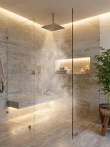 Spa-inspired walk-in shower with rainfall showerhead and elegant stone finishes.