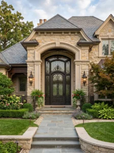 Front door with decorative wrought iron details and elegant glass inserts.