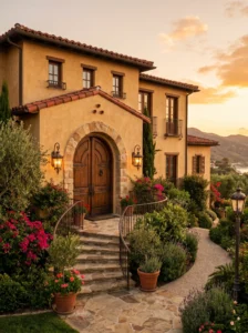 Arched wooden exterior door adding elegance to a Mediterranean-style home.