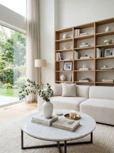 A decluttered and well-styled living room that looks clean, organized, and luxurious.