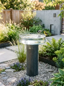 Clear glass bowl bird bath in a modern garden.