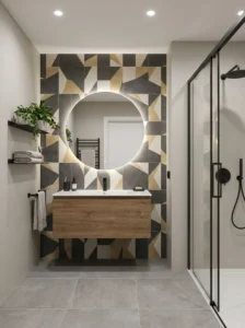 Bathroom with colorful geometric tile accent wall as a focal point.