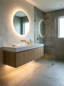 Floating wood vanity with underlighting in a modern minimalist bathroom.
