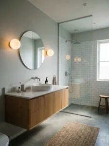 Frosted glass globe sconces providing soft and welcoming bathroom lighting.
