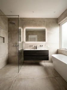 Bathroom featuring large-format tiles for a sleek seamless appearance.