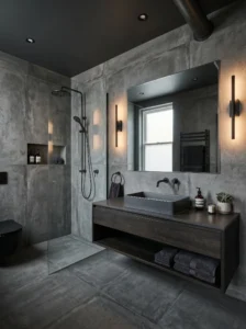 Charcoal gray bathroom with modern black fixtures and contemporary styling.