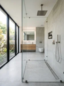 Linear drain installed in a modern curbless shower with large-format tiles.