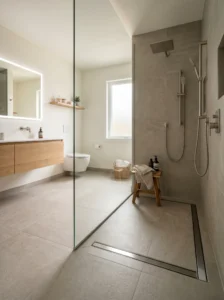 Curbless shower entry with seamless flooring and modern spa-like design.