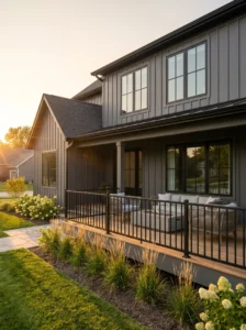 Modern porch featuring low-maintenance black aluminum railings with a clean contemporary design.