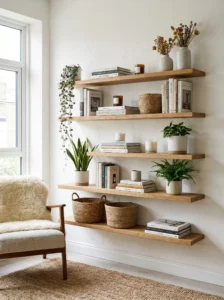 Floating wooden shelves with books, plants, and decorative accessories.