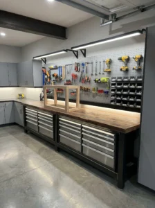 Functional garage workbench with organized tools and storage.