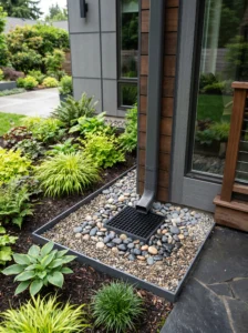"Gravel drainage zone helping disperse downspout water into the ground."