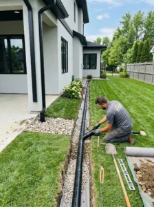 "Underground drainage pipe system connected to a residential downspout."