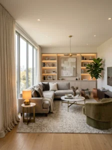 Floor-length curtains and layered lighting creating an expensive-looking living room.