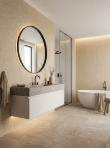 Minimalist bathroom with textured beige wallpaper and black fixtures.