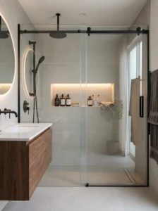 Built-in shower niche providing stylish and practical bathroom storage.