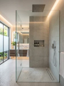 Rainfall showerhead installed in a sleek and modern bathroom shower.