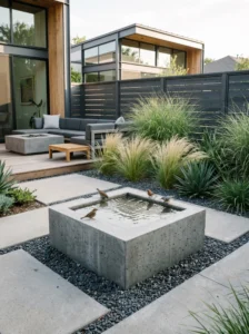 Modern square concrete bird bath in a contemporary minimalist garden.