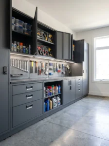 Lockable garage cabinets providing secure storage for tools and supplies.