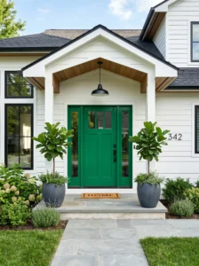 Bold emerald green front door adding instant curb appeal to a modern white home.