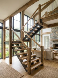 Farmhouse staircase with cable railings and rustic wooden framing for an open look.