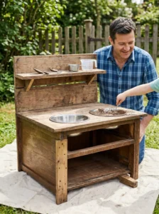 Building a DIY mud kitchen from repurposed wooden furniture