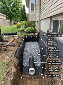 "French drain system installed beside a house to prevent water accumulation."
