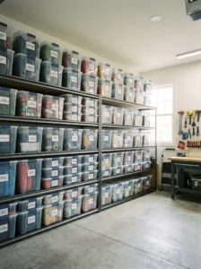 Clear labeled storage bins neatly arranged on garage shelves.