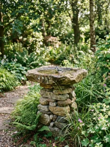 Stacked stone bird bath in a natural landscaped garden.
