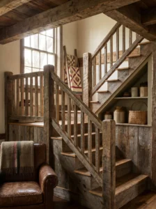 Rustic staircase with reclaimed barn wood railings showcasing natural weathered textures.