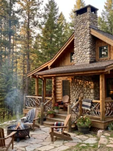 Rustic log porch railings complementing a cabin-style home in a natural setting.