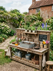 Galvanized metal utility tub sink in a rustic farmhouse-style mud kitchen.