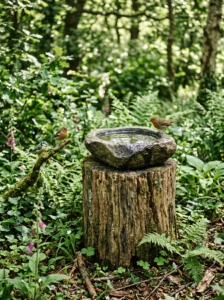 Tree stump bird bath in a rustic woodland-style garden.