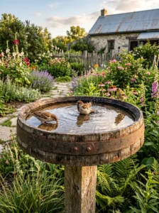 Wooden barrel lid bird bath in a rustic farmhouse garden.