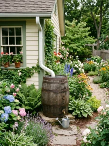 "Rain barrel collecting roof runoff for garden watering and drainage control."