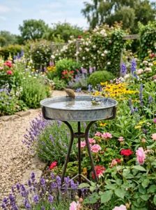 Metal tray bird bath placed in a landscaped garden.