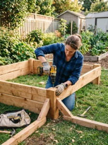 "Assembling a wooden raised garden bed frame using basic tools."