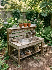Stainless steel pet water bowl repurposed as a mud kitchen sink.
