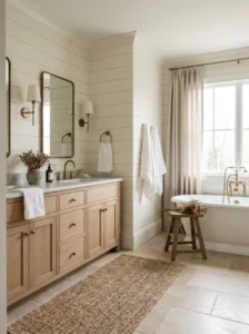Neutral-toned farmhouse bathroom with warm and calming colors.