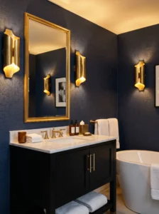 Luxury bathroom with dark navy wallpaper and gold accents.