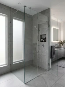 Monochromatic bathroom shower design with coordinated gray tones.