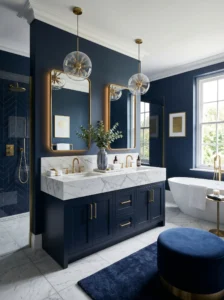 Navy blue bathroom with gold fixtures and elegant marble accents.