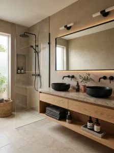 Earthy taupe bathroom with natural stone and warm neutral tones.