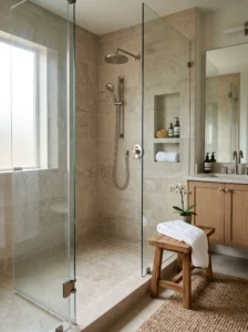 Neutral stone-inspired shower design with warm and relaxing spa aesthetics.