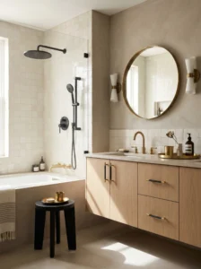 Modern bathroom showcasing mixed brass and black metal finishes.