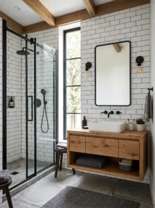 Black-framed glass shower enclosure in a modern industrial-style bathroom.