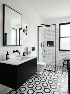 Black and white bathroom with geometric tiles and modern high-contrast design.